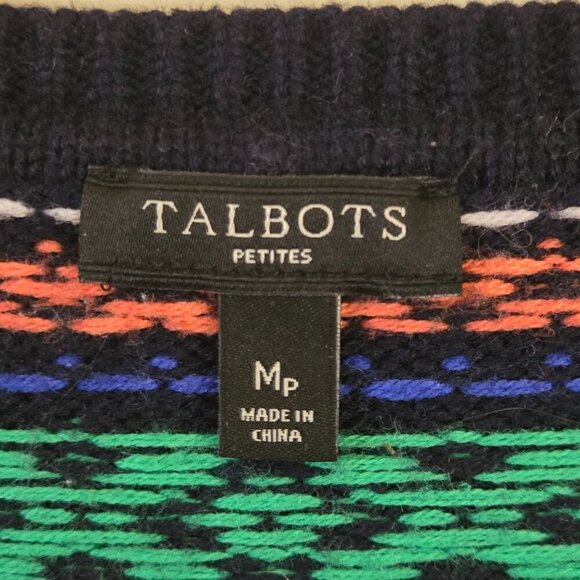Talbots Fairisle Navy Colorful Subtle Sequined Crewneck Cardigan Sweater Size Mp - Picture 4 of 5